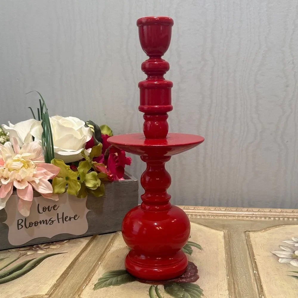 Vintage 70s Red Wooden Turned Sculptural Candle Holder Bobbin Bulbous MCM